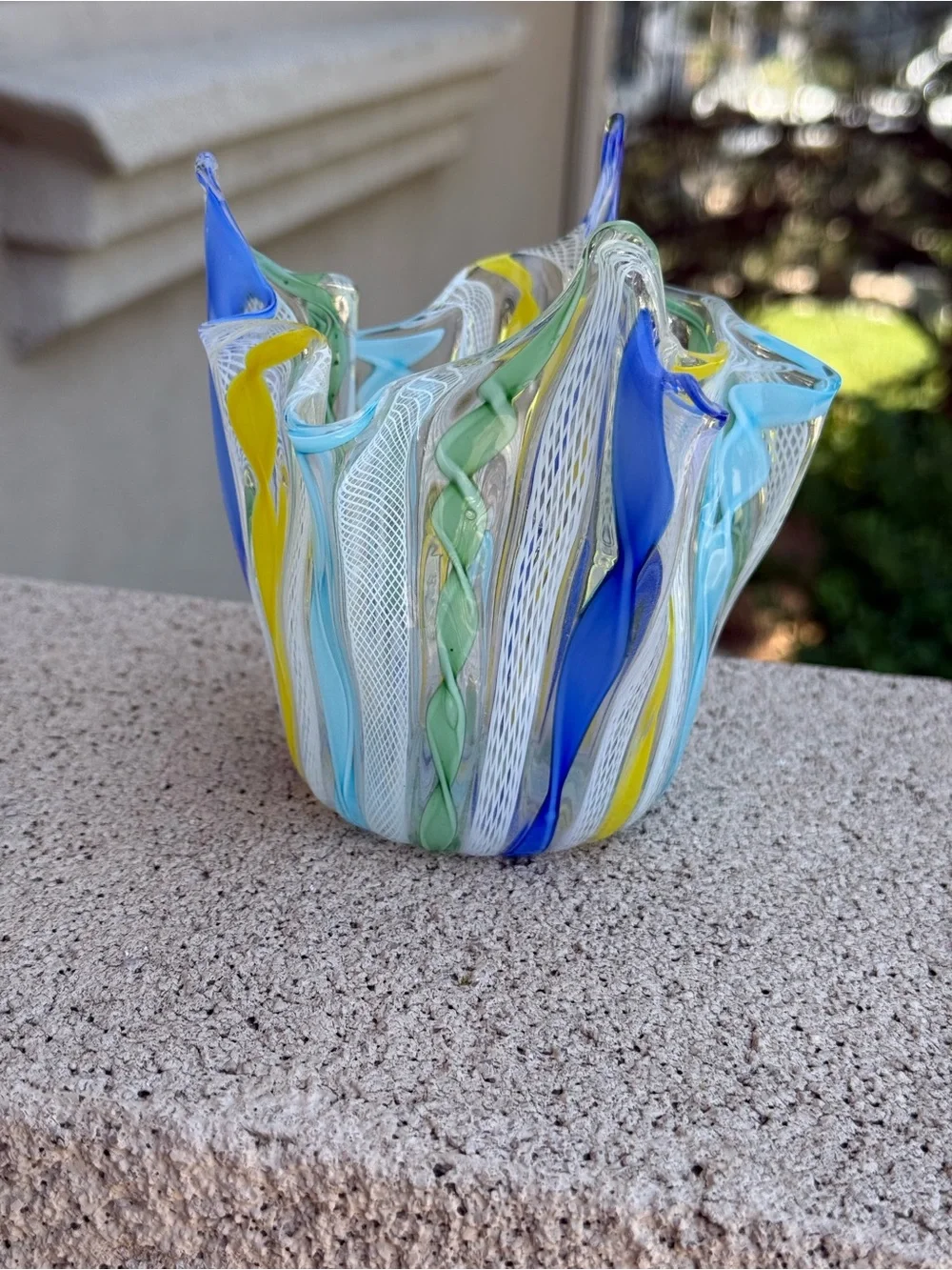 Murano Latticino Blue Green Yellow & White Ribbon Blown Glass Bowl Handkerchief